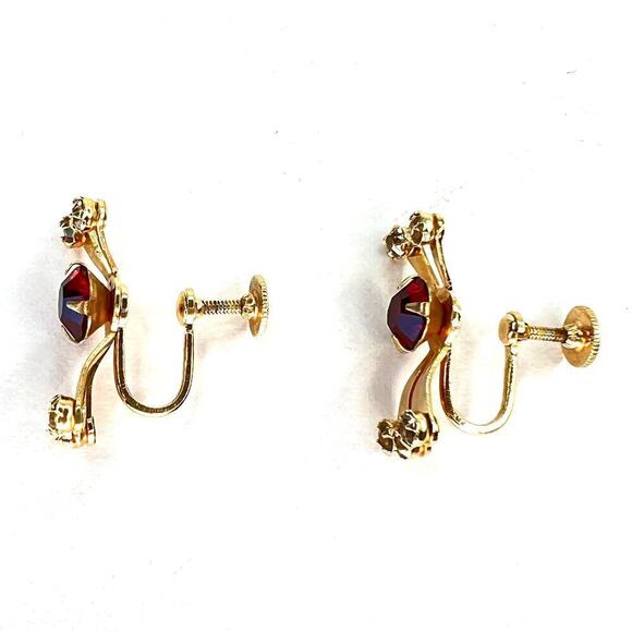 Vintage Bugbee and Niles BN Screw Back Earrings Gold White Red Rhinestone - Picture 4 of 7